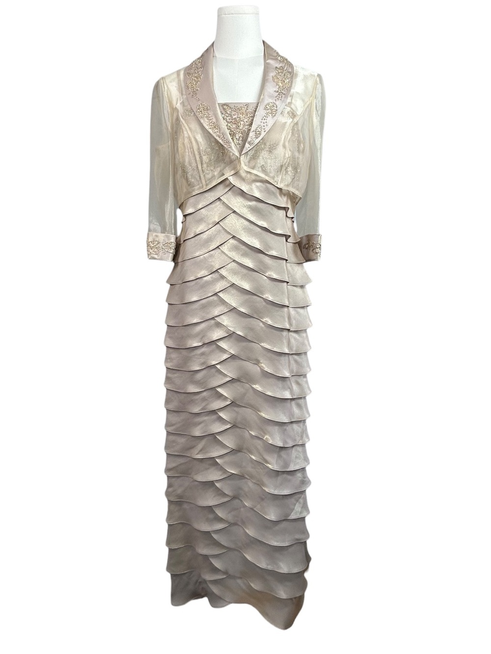 Alex Evenings Beaded Tiered Maxi Gown & Sheer Bolero Jacket Champagne 10P - Picture 7 of 15